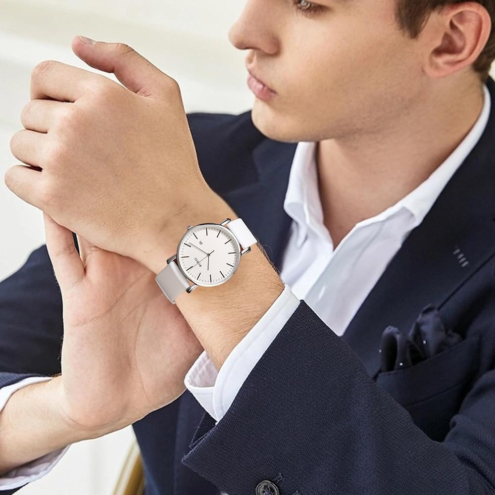 BUREI Men's Analog Watch Simple Stylish Waterproof White