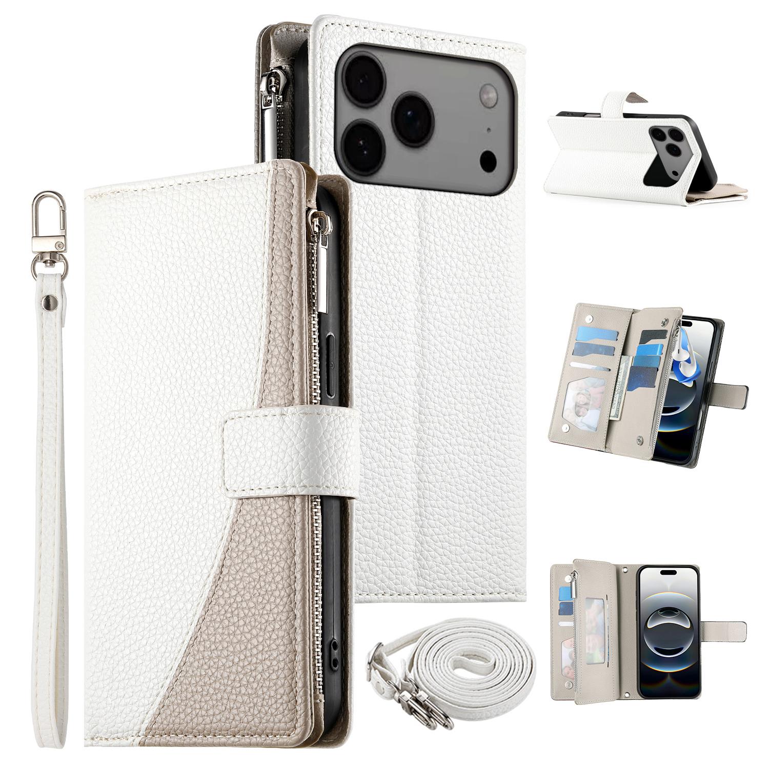 

For iPhone 17 Pro Max Case Zipper Wallet Color Splicing Leather Flip Phone Cover with Straps White