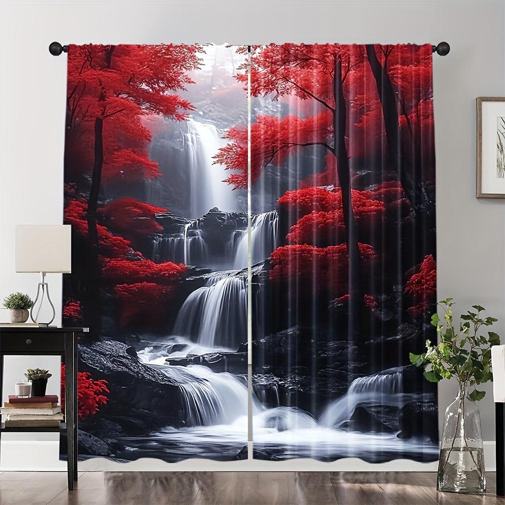 

Set Of 2 Red Black Waterfall Curtains Natural Style Polyester Living Room Kitchen Bedroom Curtain With Rod Pocket Darkening Perfect For Area W100*H70(CM)-Rod Pocket&2PCS