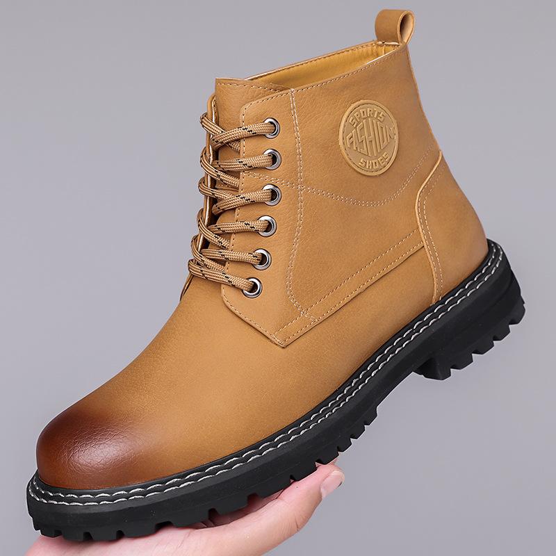 Fashion Autumn Winter Platform Boots for Men  Fashion Casual Cow Leather Yellow Cotton Shoes Male Solid Color Wool Work Boots Man