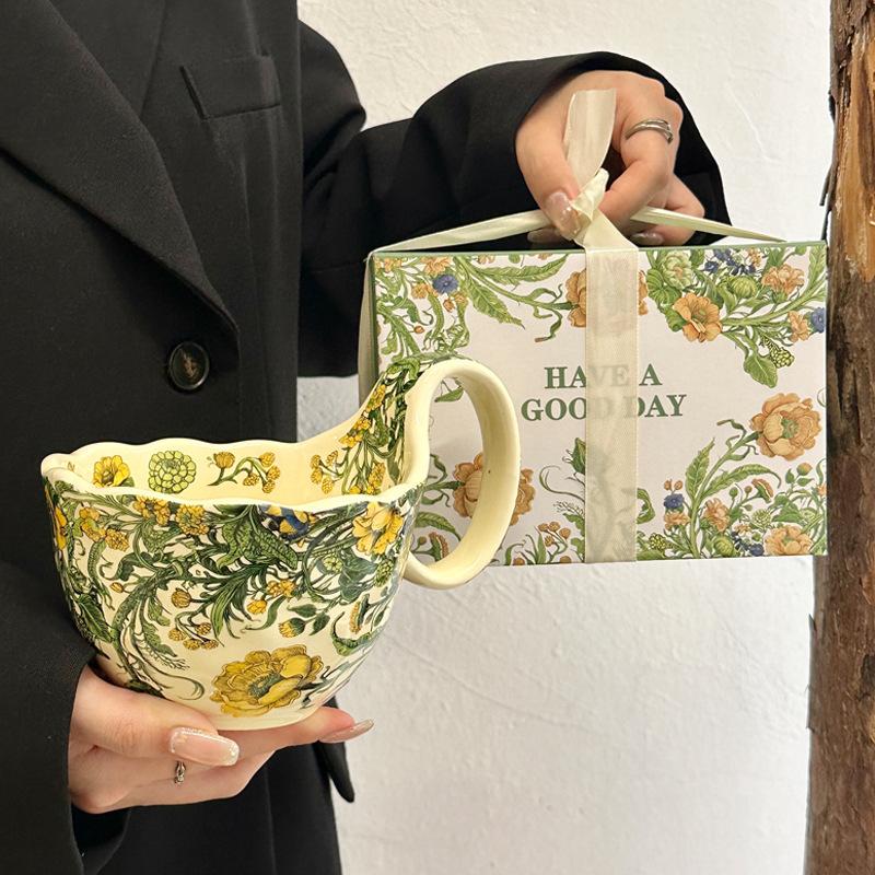 Flowering Song Handle Cup Retro Ceramic Mug Breakfast Oat Cup Afternoon Tea Coffee Cup Souvenir Birthday Gift