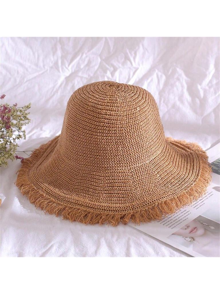 Women Summer Wide Brim Straw Sun Hat With Fringe, Breathable Beach Bucket Hat For Holiday Travel