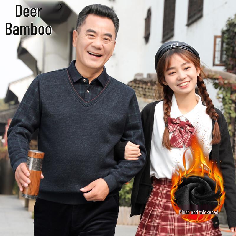 Men s Plush Lined Plaid Turn-Down Collar Sweater L