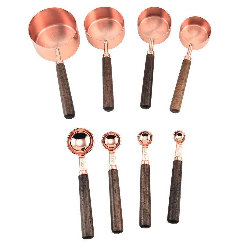 8-Piece Walnut Wood and Stainless Steel Measuring Cup and Spoon Set - Includes 15ml, 30ml Coffee and Baking Spoons