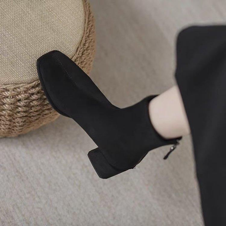 Fashion Thick Heel Short Boots Women's Thin Boots 2025 New Autumn and Winter Square Head High Heel Socks Boots Suede Elastic Boots