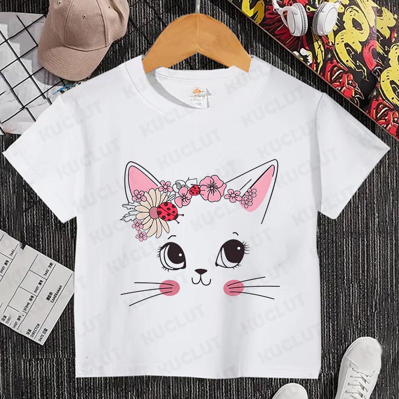 Kids T Shirt Flower Cat Graphic Anime Shirt Summer Girls Floral Kitty Tops Short Sleeve Tee Cute Animal Cartoon Cat White Tshirt