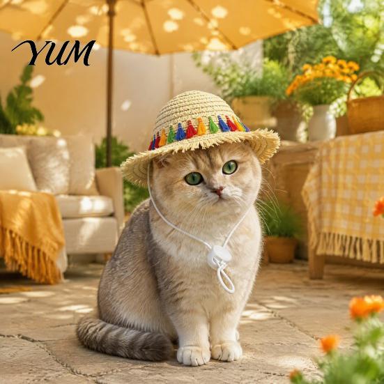 Soft Straw Hat with Lace Cat Hat, Pet Sun And Bow, Summer Breathable Cute Protection for Cats Small Dogs Outdoor Walks Adjustable
