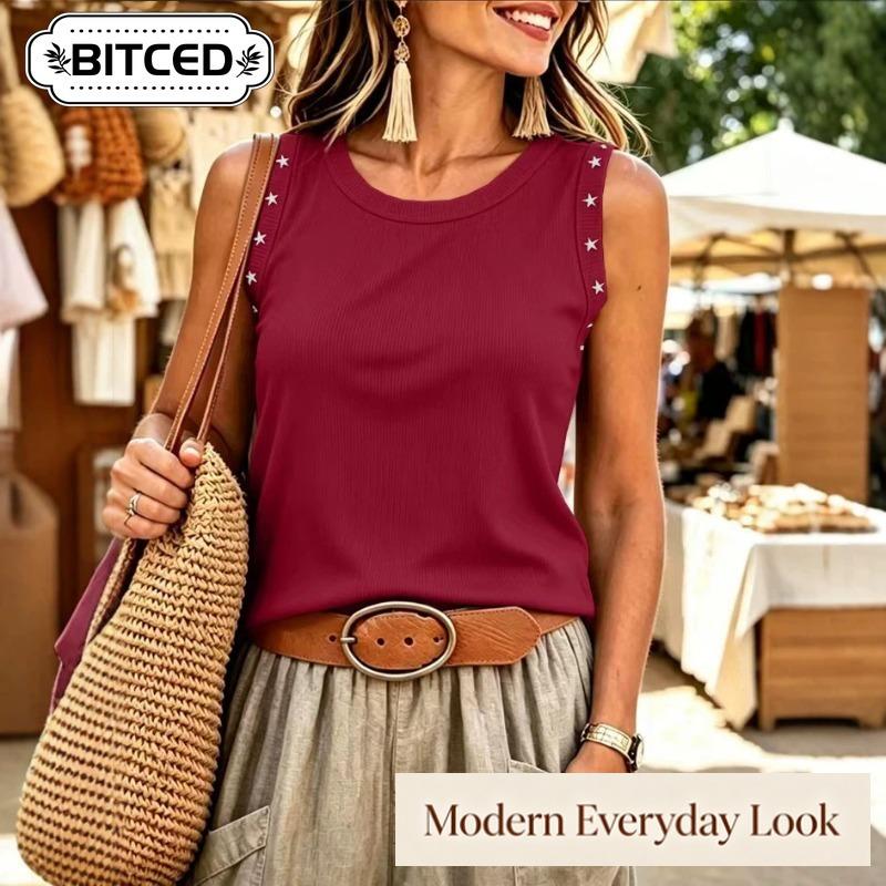 QICED Women's Fashion Casual Solid Color Print O-Neck Sleeveless Blouses & Shirts