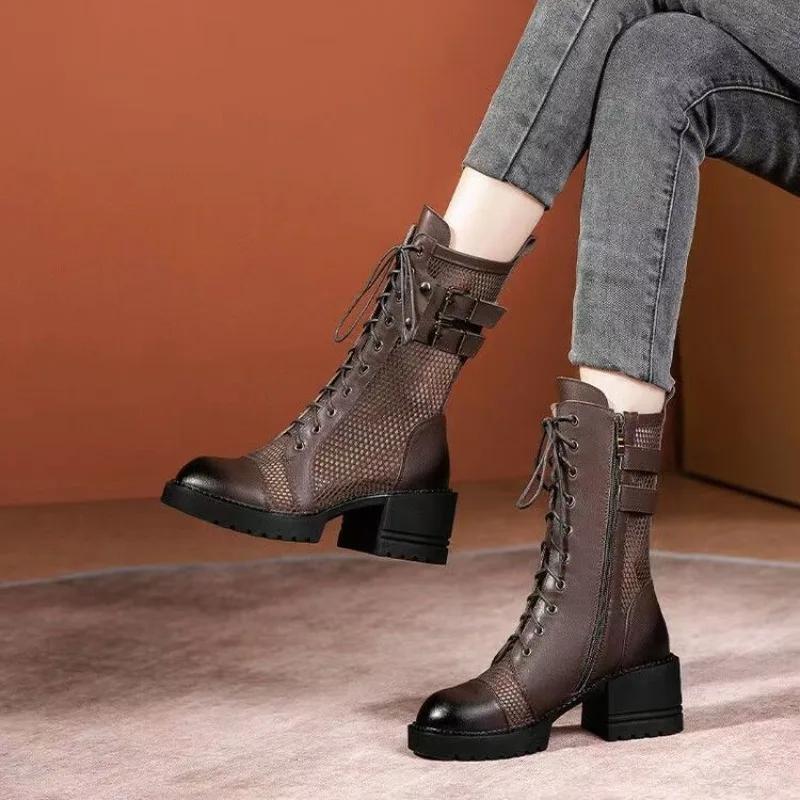 Fashion 2025 Mesh Women's Spring and Summer New Cool Boots Chunky Heel Brown Mesh Boots Hollowed Out Retro
