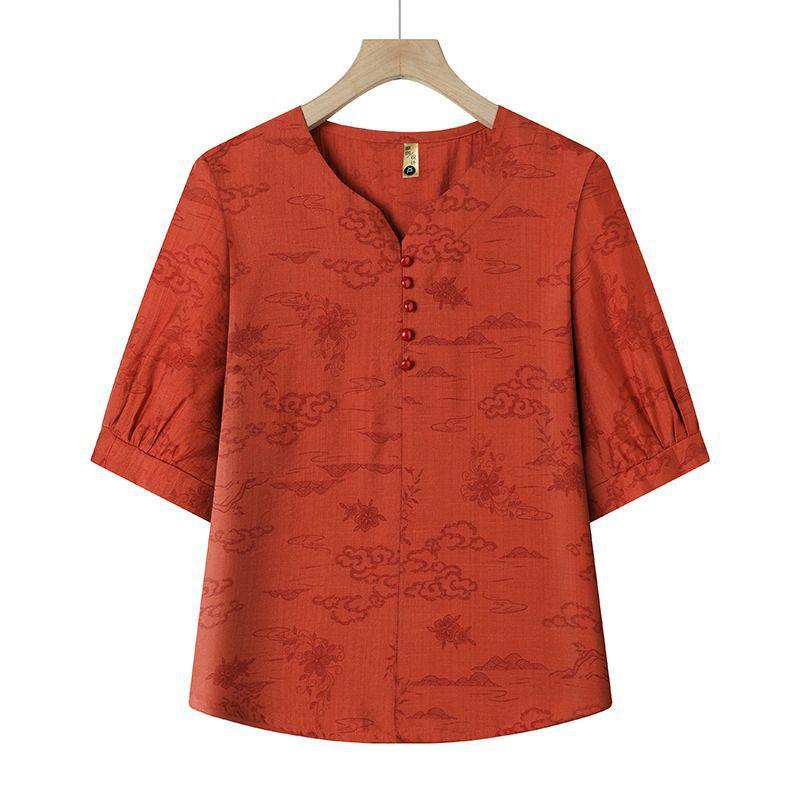 Elderly Women s Ethnic Cotton Linen Two-Piece T-shirt Set - Grandma s Summer Style XL (85-95 kg)