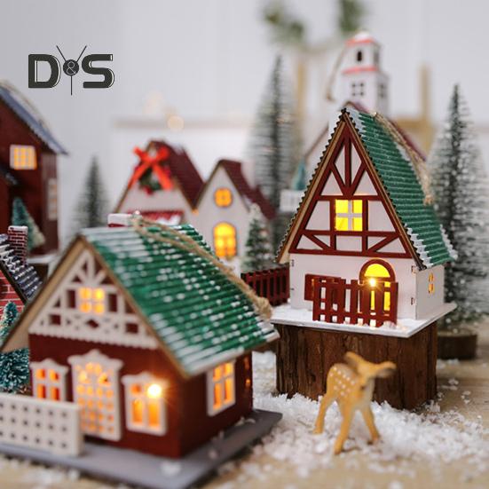 Weihnachtshütten-Ornament, leuchtender Holzhaus-Anhänger, LED-Blockhütte, Weihnachtsdekoration für Weihnachtsfeier, Zuhause, Desktop-Baumdekor