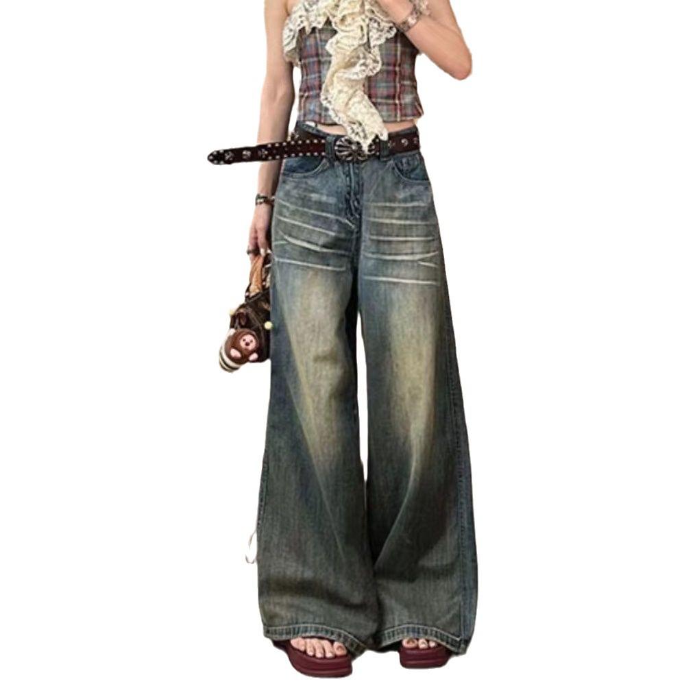 Distressed High Waist Wide Leg Jeans for Women - Retro Slimming Petite Loose Fit Floor-Length Pants