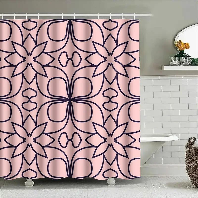 

HI-Elegant Pink and Navy Blue Shower Curtain featuring intricate geometric patterns perfect for a modern bathroom update W90xH180cm