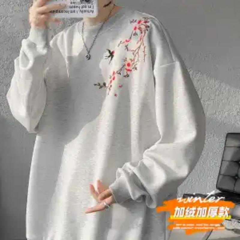 Retro National Trend Plus Velvet Sweatshirt Men's Autumn Winter New Casual Long-sleeved Inner Base Shirt