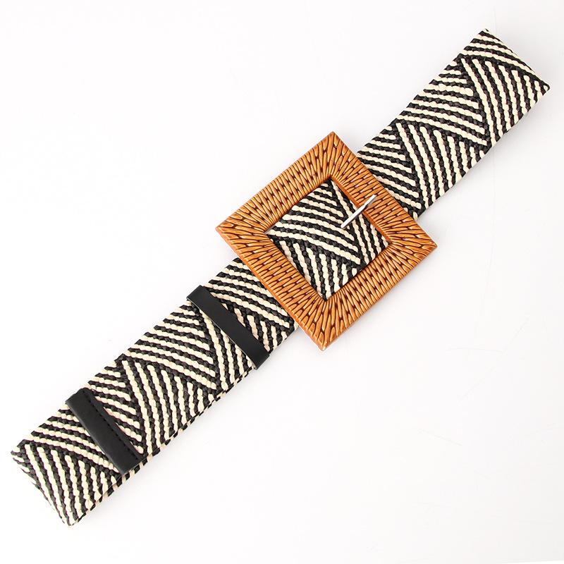 Imitation Grass Woven Women'S Elastic Belt Personalized Large Plastic Buckle Dress Elastic Waist Seal