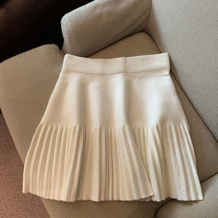 Pleated Knitted A-line Mini Skirt for Women - High Waist, Slimming, Versatile, Petite Fit for Spring & Autumn