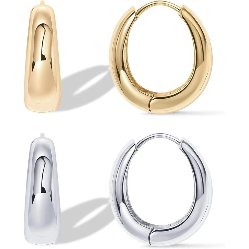 Lightweight Gold Hoop Earrings for Women Retro style Small Chunky Hoops Earrings14K Gold Plated White Gold Plated