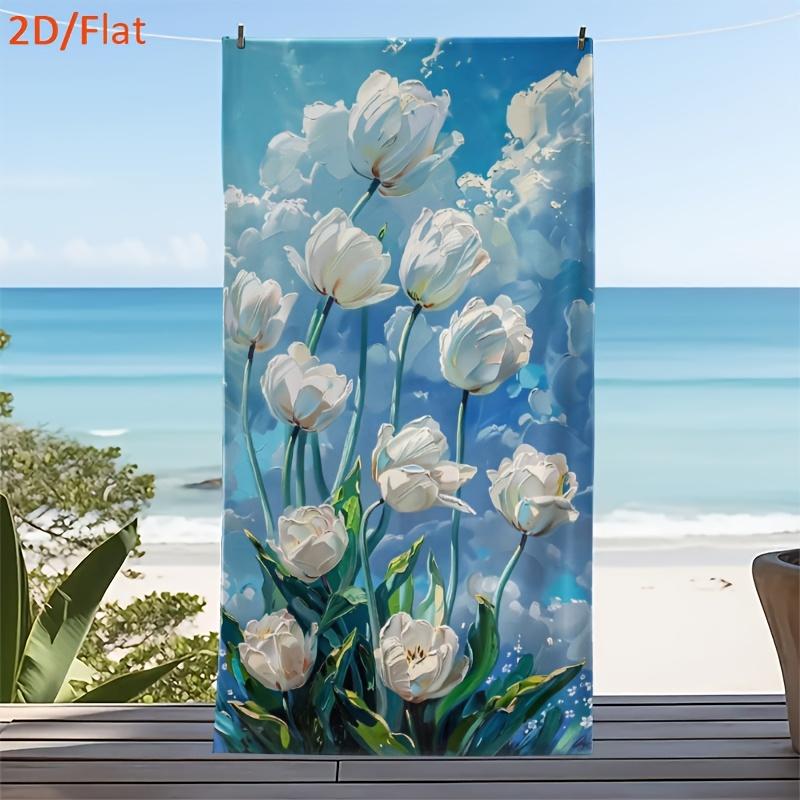 White Tulip Floral Beach Towel Blue Sky Art Print Microfiber Towel for Summer Beach, Pool & Travel Use