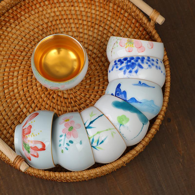 999 Pure Silver Master White Porcelain Hand-painted Underglaze Color Gold-plated Single Cup Kung Fu Tea S