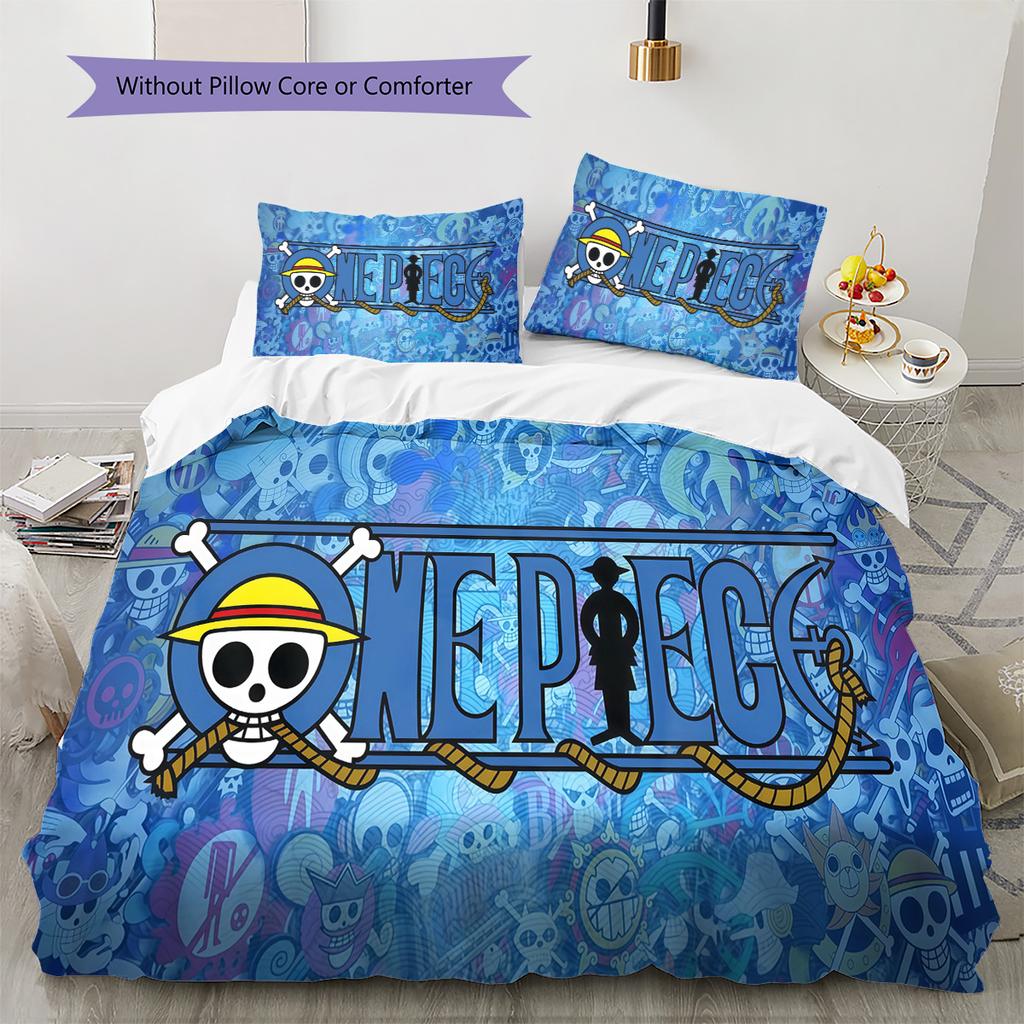 One Piece Straw Hat Pirates Pattern Bedding Quilt Set Quilt Cover Pillowcase Home Birthday Gift(1 * Duvet Cover + 2 * Pillowcase, Without Core)
