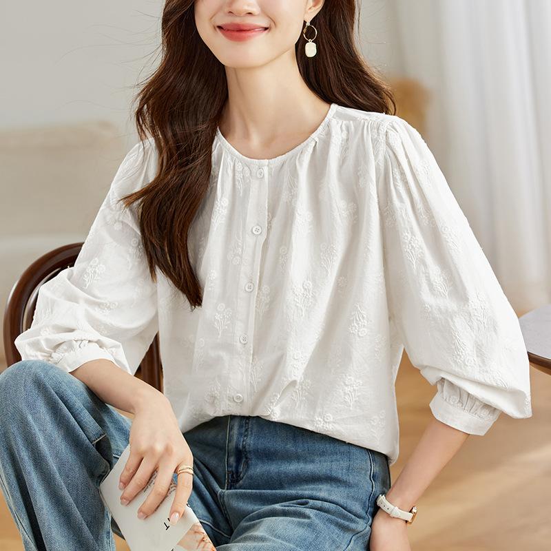 Sweet Temperament Jacquard Round Neck Shirt for Women In Women's Spring New Casual Loose Slimming Shirt for Women
