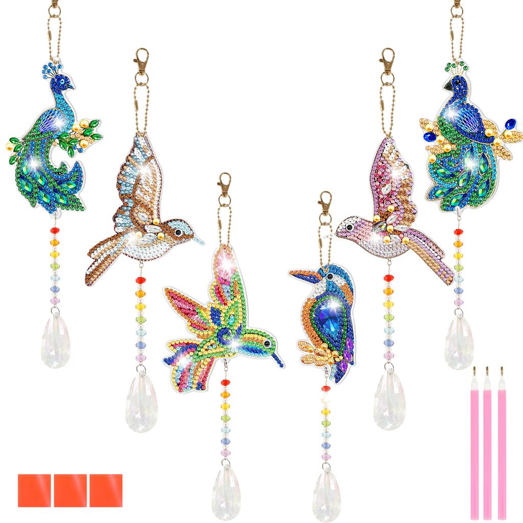 6 Pcs Diamond Painting Wind Chime Rhinestone Hummingbird Diamond Art Suncatcher Double Sided 5D DIY Diamond Painting Home Decor