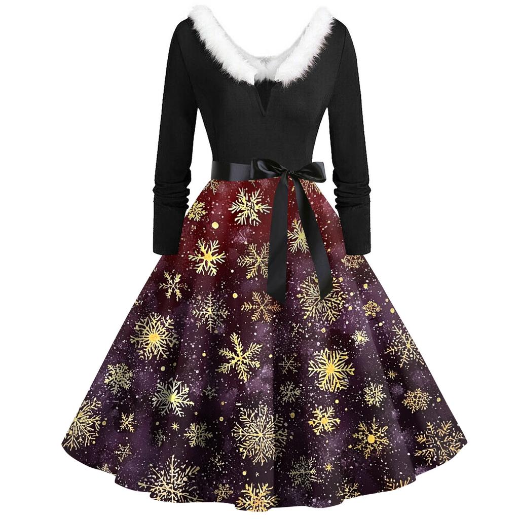 Juletrykk Flare Kjole For Dame Langermet Kjole Hule Fest Casual Kjoler
