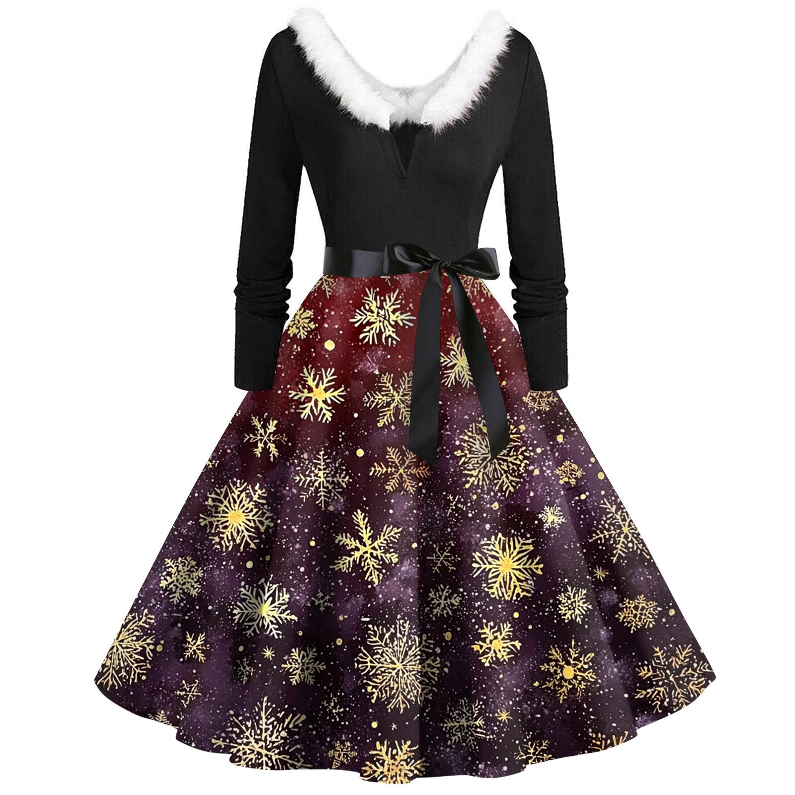 

Рождественский принт расклешенное платье для женщин платье с длинным рукавом полые вечерние повседневные платья XXXXXL винный