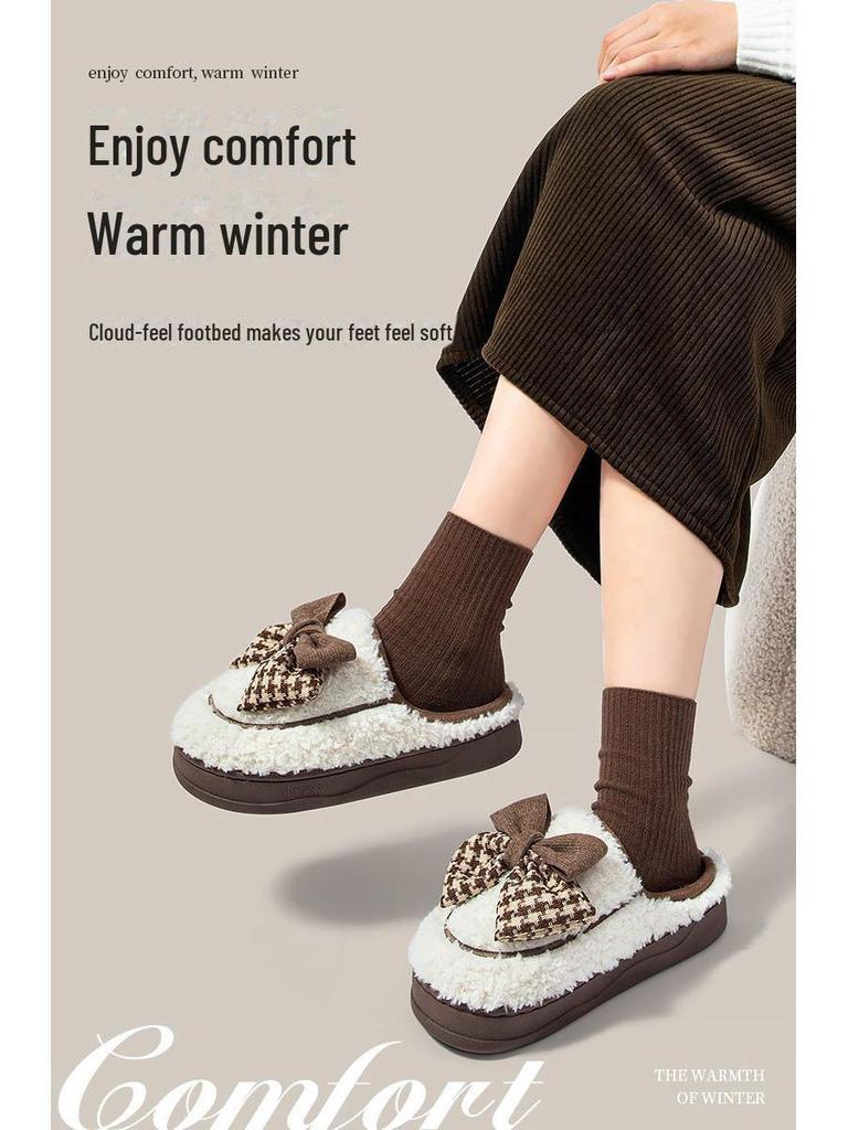 Bomullstofflor med rosett för kvinnor, tjock sula, varma sandaler för inomhus-/utomhusbruk, höst/vinter 2024