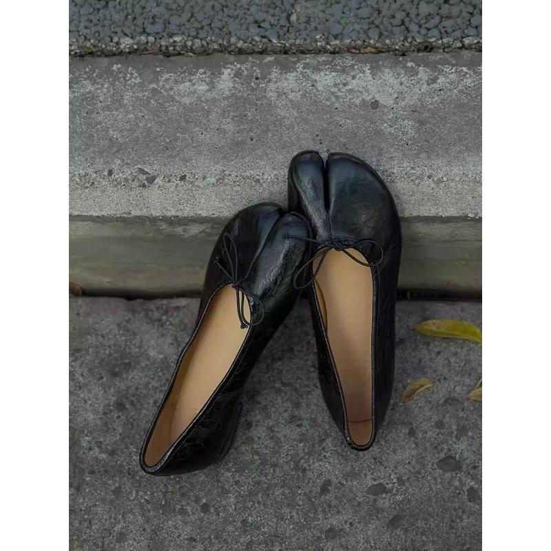 Cowhide Version~ Retro Niche Bow Split-toed Shoes Flat Ballet Shoes Women's Spring and Autumn Versatile Single Shoes