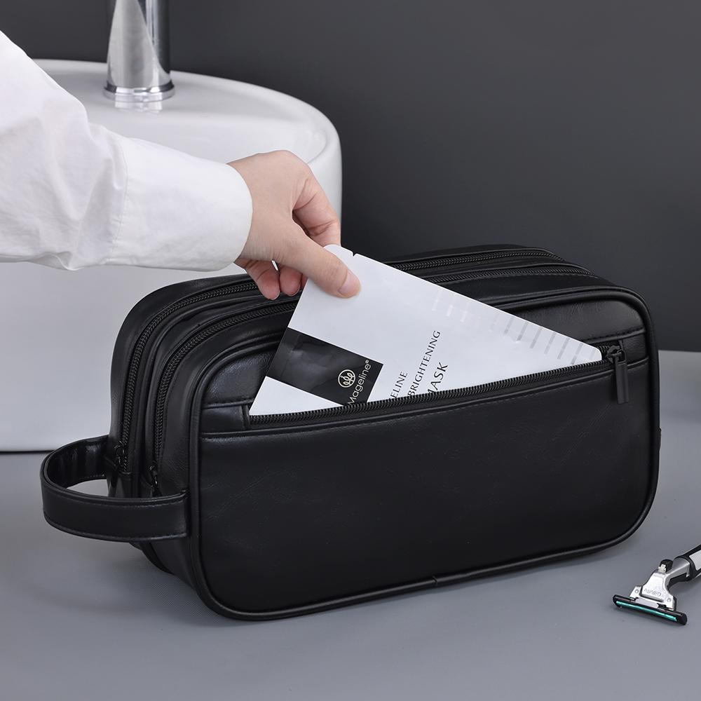 Double-Layer Toiletry Bag for Women Men PU Leather Travel Wash Organizer Dopp Kit Water-resistant Shaving Cosmetic Bag Strorage