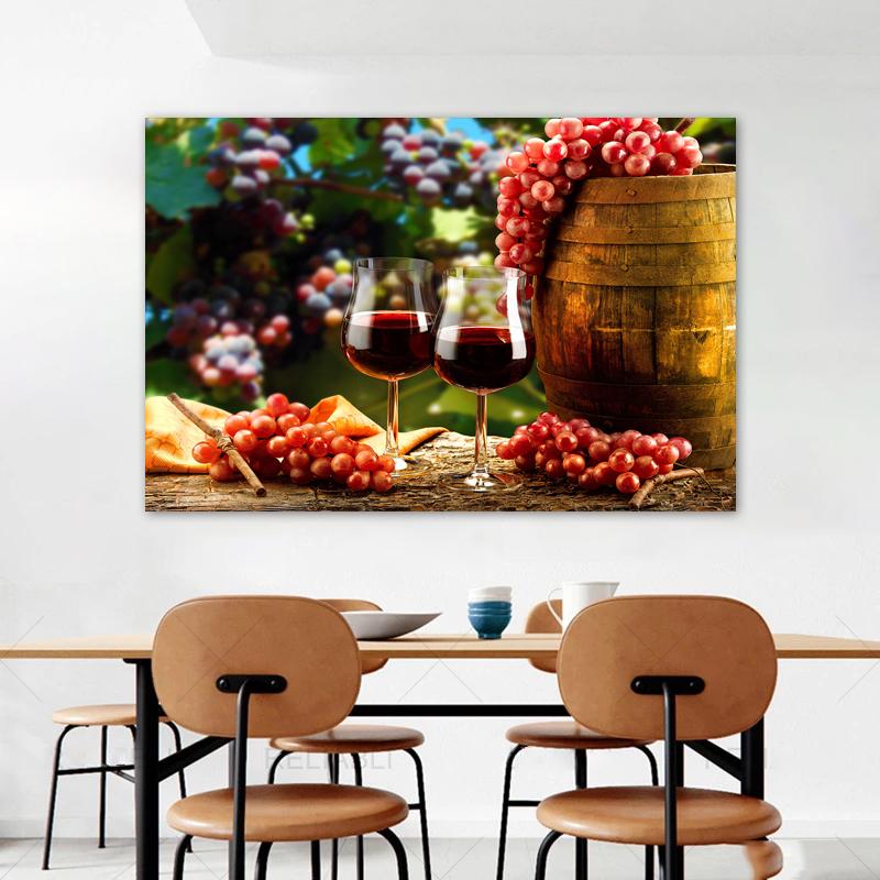 

Плакаты и принты в виде стеклянных бутылок вина, картина на холсте, настенные художественные картины для столовой, домашний декор, деревянная бочка с виноградом, куадрос 50x75cm