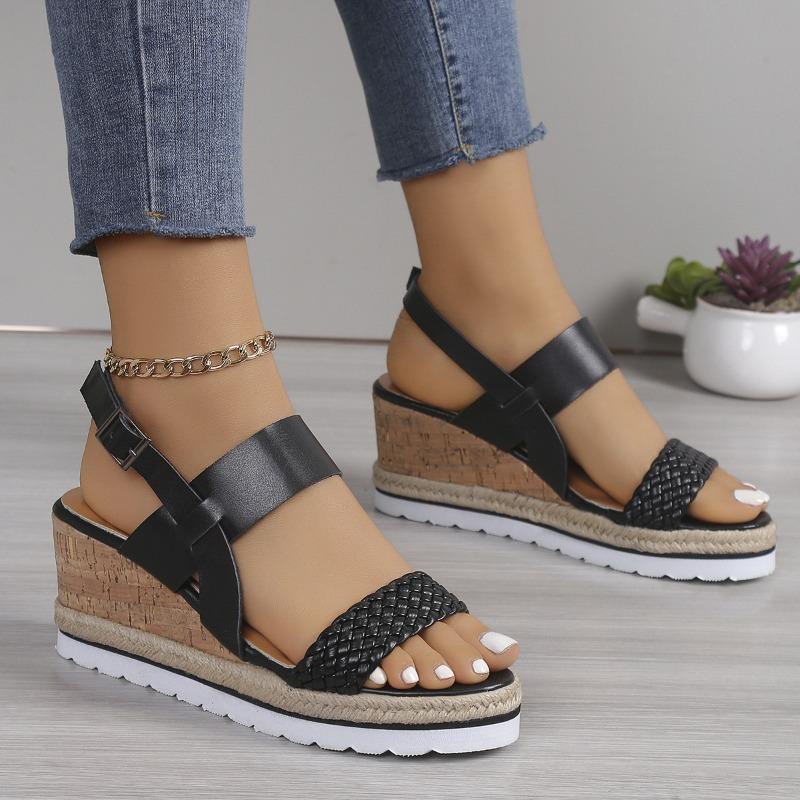 Large size one-word with wedge heel sandals women's buckle thick-soled woven lightweight beach cool slippers