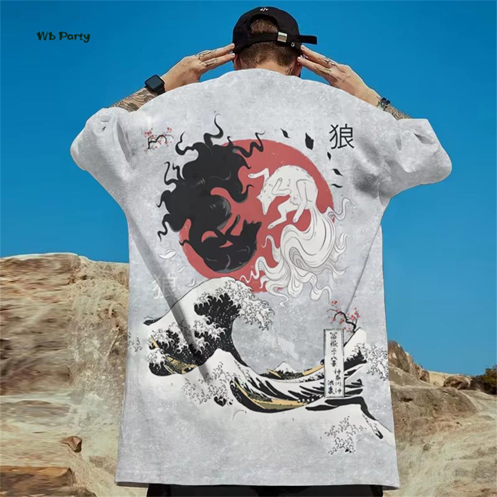 Japanese Ukiyo-E Men's T-Shirt Yin Yang Fish Printed Short Sleeve T-Shirt Oversized Casual Tops Summer Fashion Outdoor Clothing