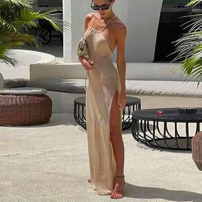 2025 Knitted Cover Up Beach Sexy See-through Long Slit Slim Dress Summer Bikini Cover Up Elegant Halter Neck Beach Skirt