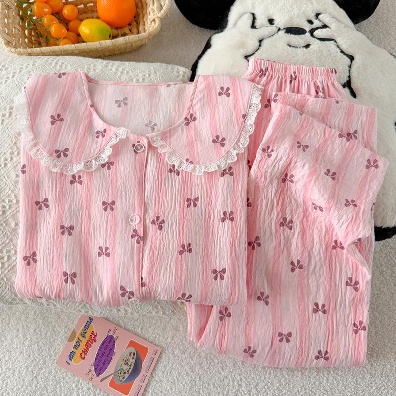 Light Luxury Sweet Striped Bow Cloud Cotton Edge Doll Collar Pajamas Women'S Casual Long-Sleeved Trousers Set