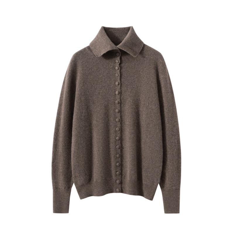 Women's Soft Solid Color Cashmere Knit Cardigan with POLO Collar