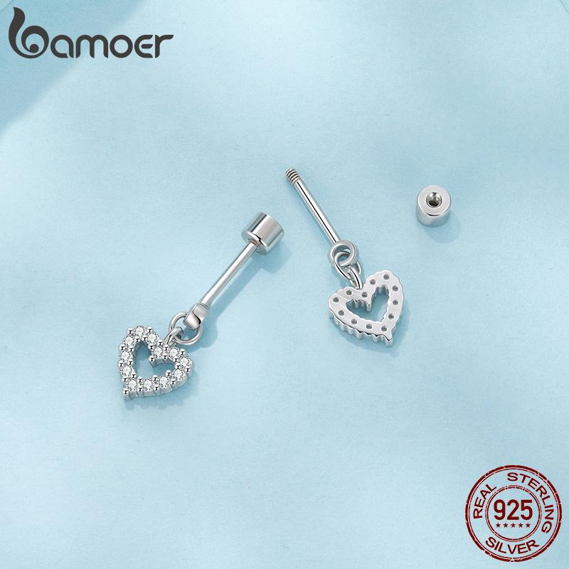 BAMOER 925 Sterling Silver Butterfly Screw-Back Stud Earrings Full Zircons Mini Cross Heart Earrings Hypoallergenic for Women