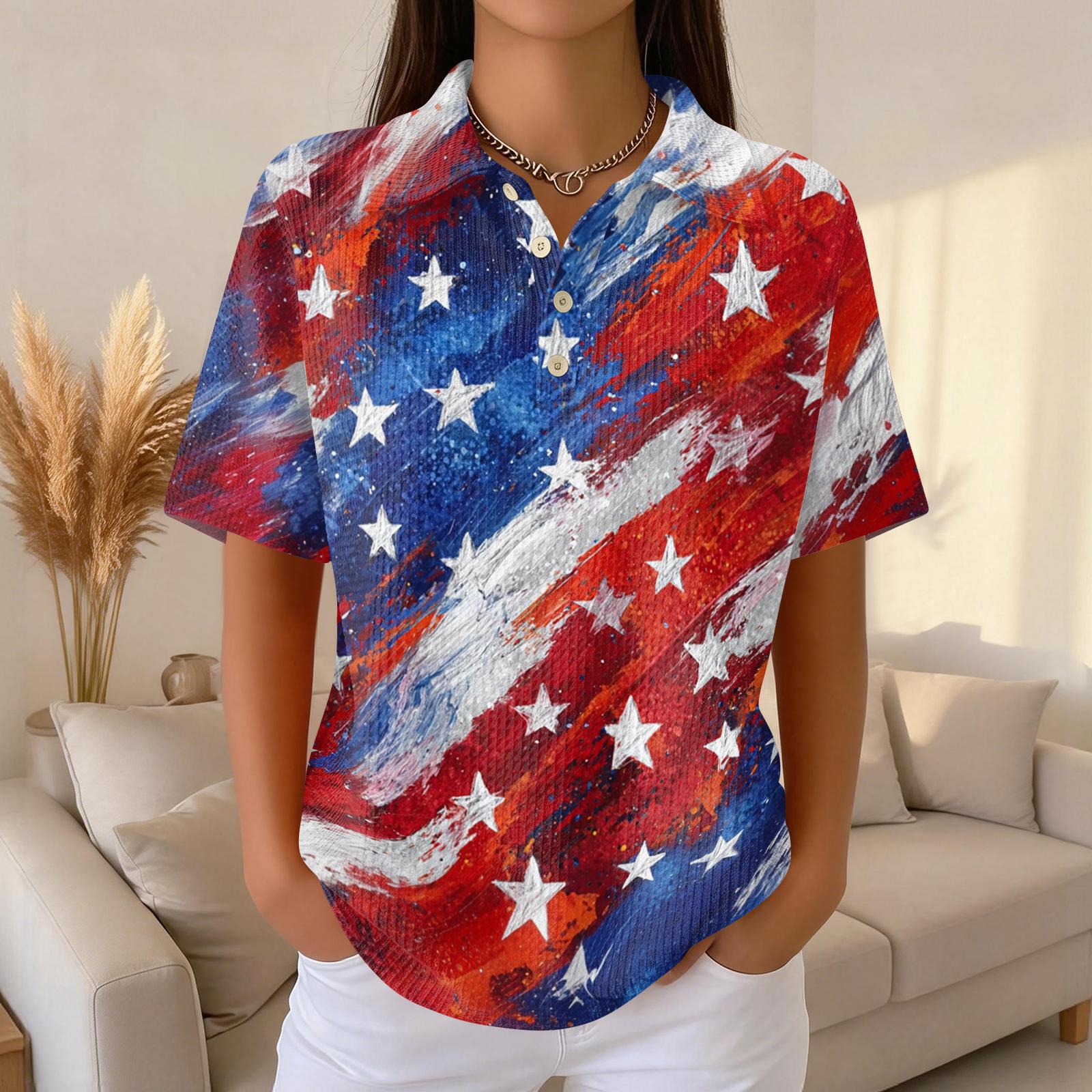

Women s Fashion Casual Short Sleeve Waffle Knit Polo Shirt with Independence Day Print and Classic Collar Design for Everyday Wear XXL красный