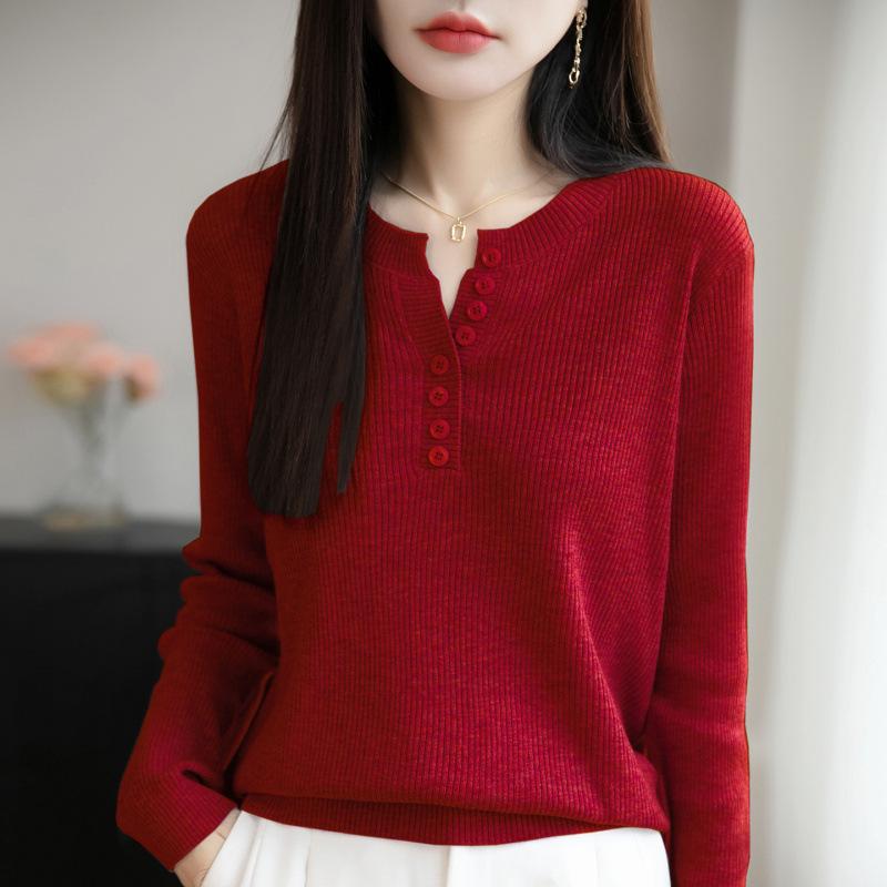 Women's V-Neck Fine Wool Knitwear: Long Sleeve Pullover Sweater for Spring & Autumn