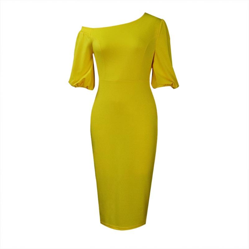 Women's summer new solid color slanted shoulder bubble sleeve temperament Tongle large size dress