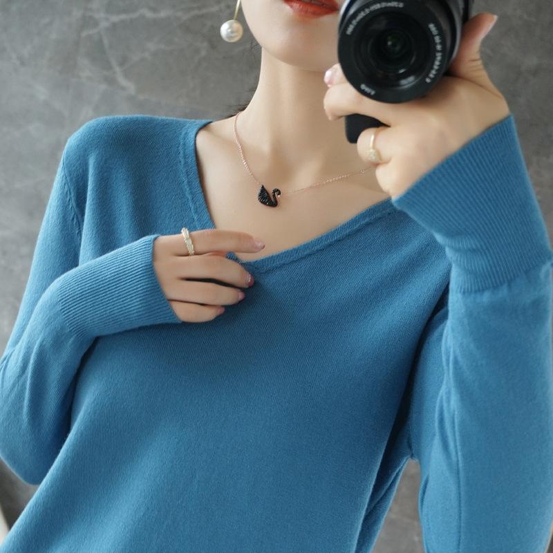 Women's V Neck Long Sleeve Solid Knit Sweater Slim Basic Layering Pullover Jumper