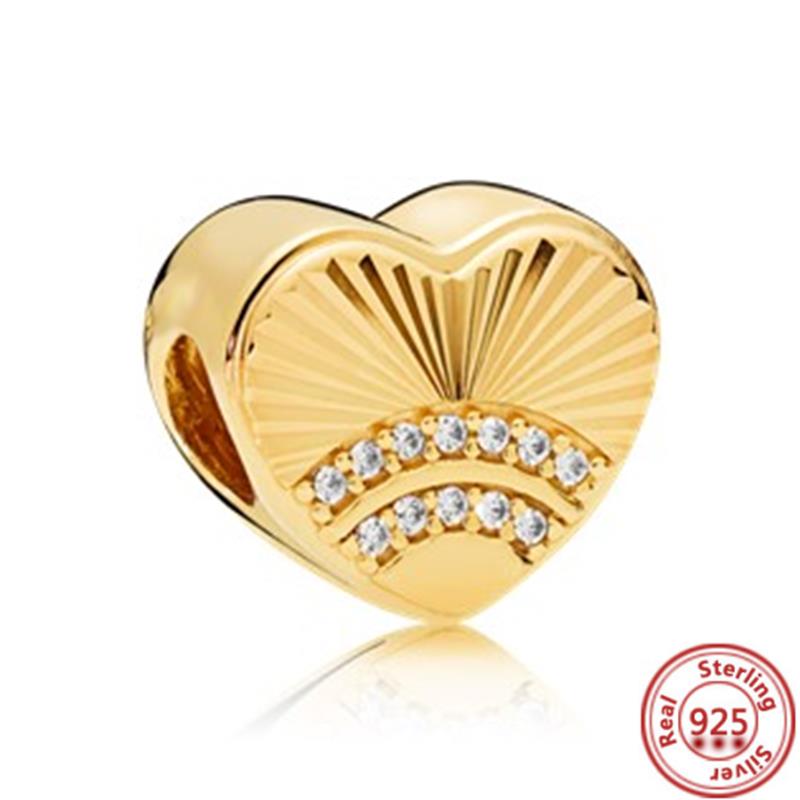 Cobre 925 Corazón de Amor Dorado Trébol de Cuatro Hojas Ángel Sol Árbol Plumas Cuentas DIY Ajuste Pulsera de Abalorios Original Pantaro Zircón Fino