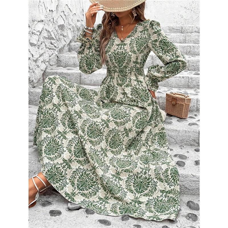 European And American Women's Summer Printed Long Skirt, V-neck, Long-sleeved, Big Swing Dress, Loose Temperament, Elegant Long Skirt