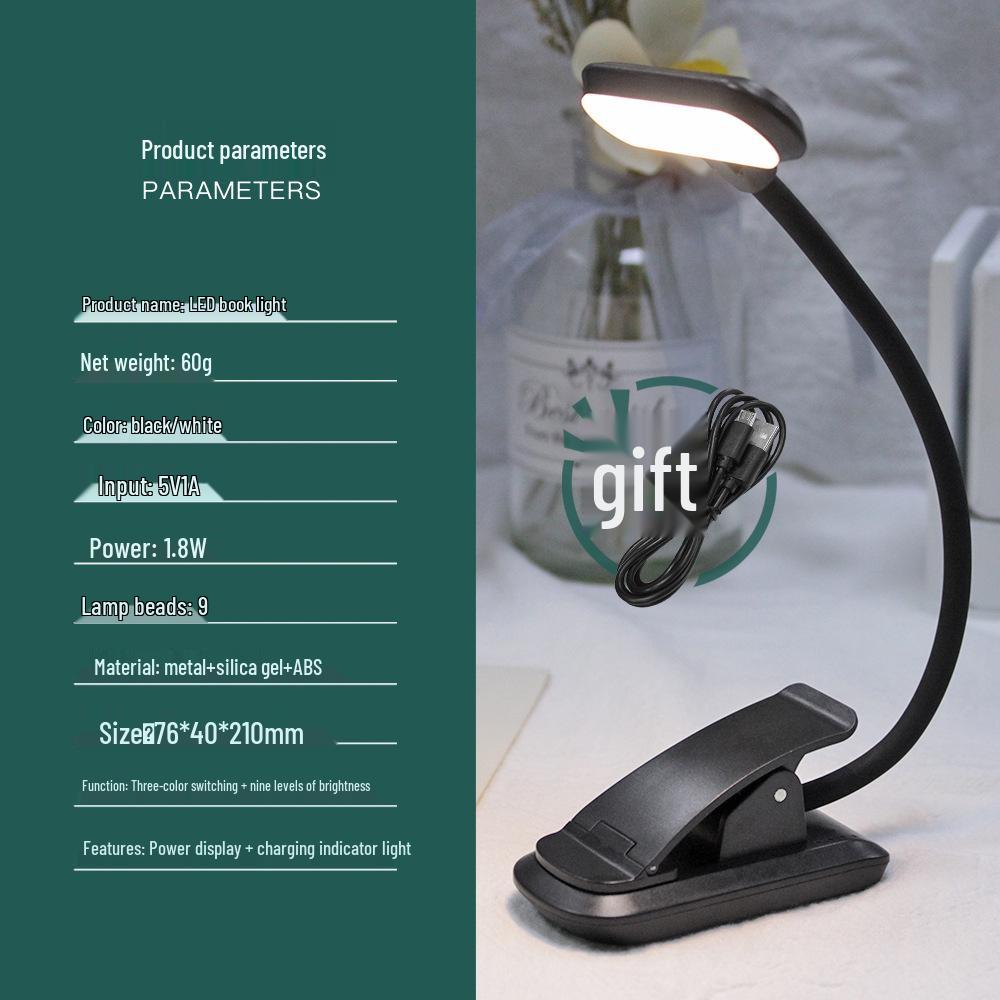 Compact USB-Rechargeable Clip-On Desk Lamp: 9-LED Eye Protection with Three-Color Display for Students