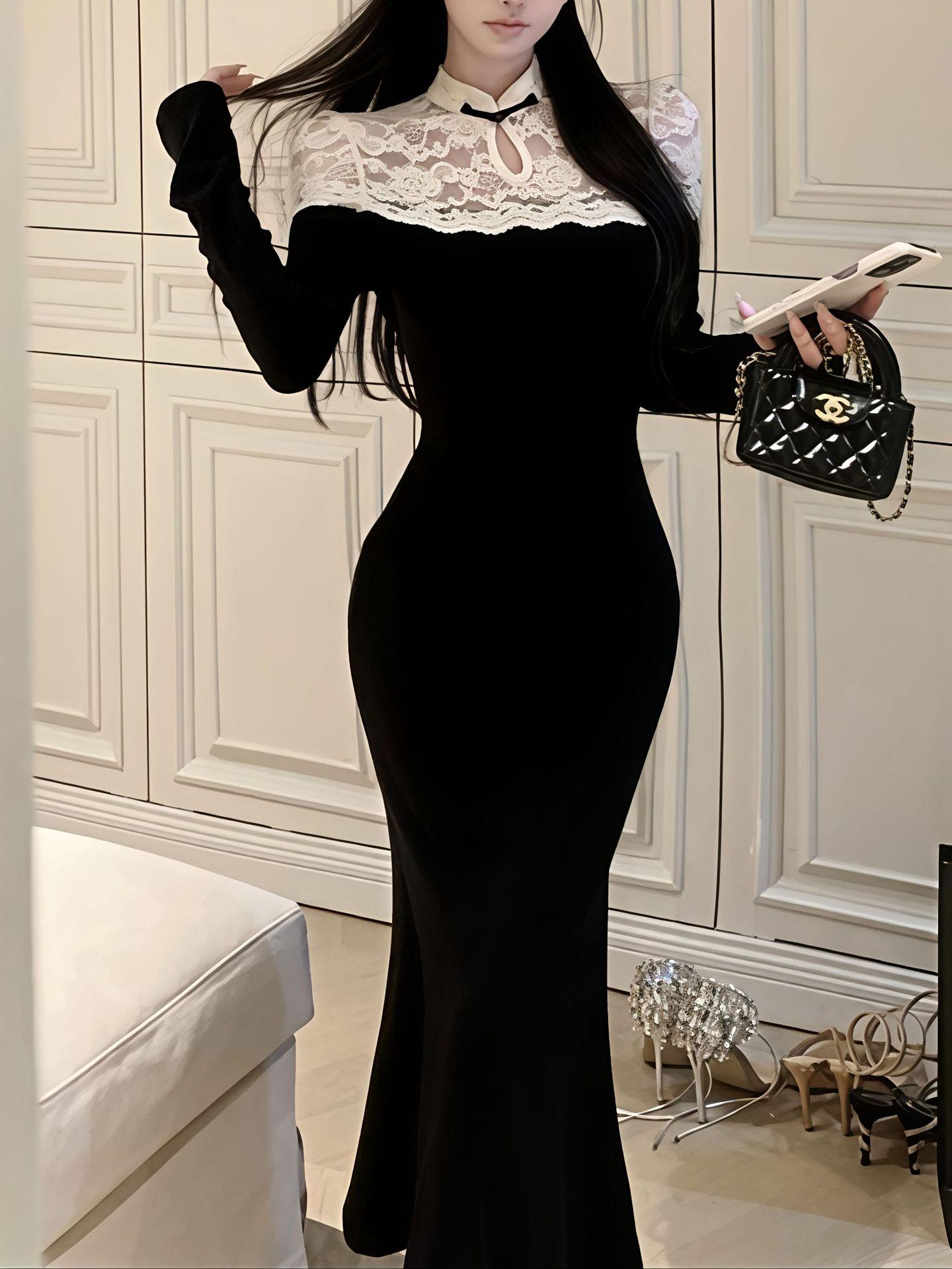 Элегантное Ципао-рыбка со вставками из кружева: Осенне-зимнее облегающее длинное платье для женщин L чёрный