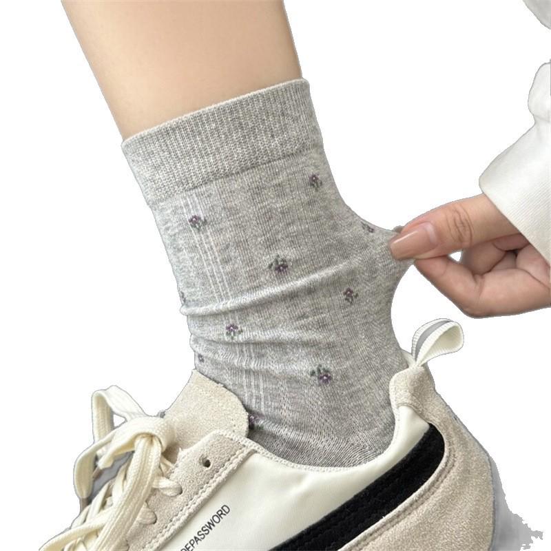 Women's French Retro Floral Mid-Calf Socks - Elegant Early Autumn Slouch Style