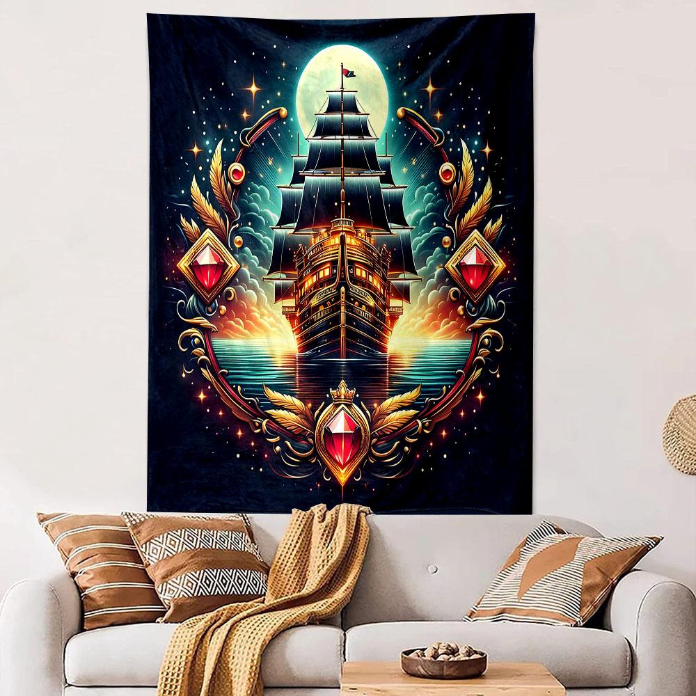 "Golden Pirate Ship Under Moonlight" Patterned tapestry home decor, suitable for bedroom and living room, gift