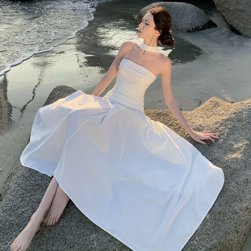 High-end Off-the-shoulder Neck Tube Top Pleated Irregular Dress Temperament Socialite Birthday Dinner White Dress Dress