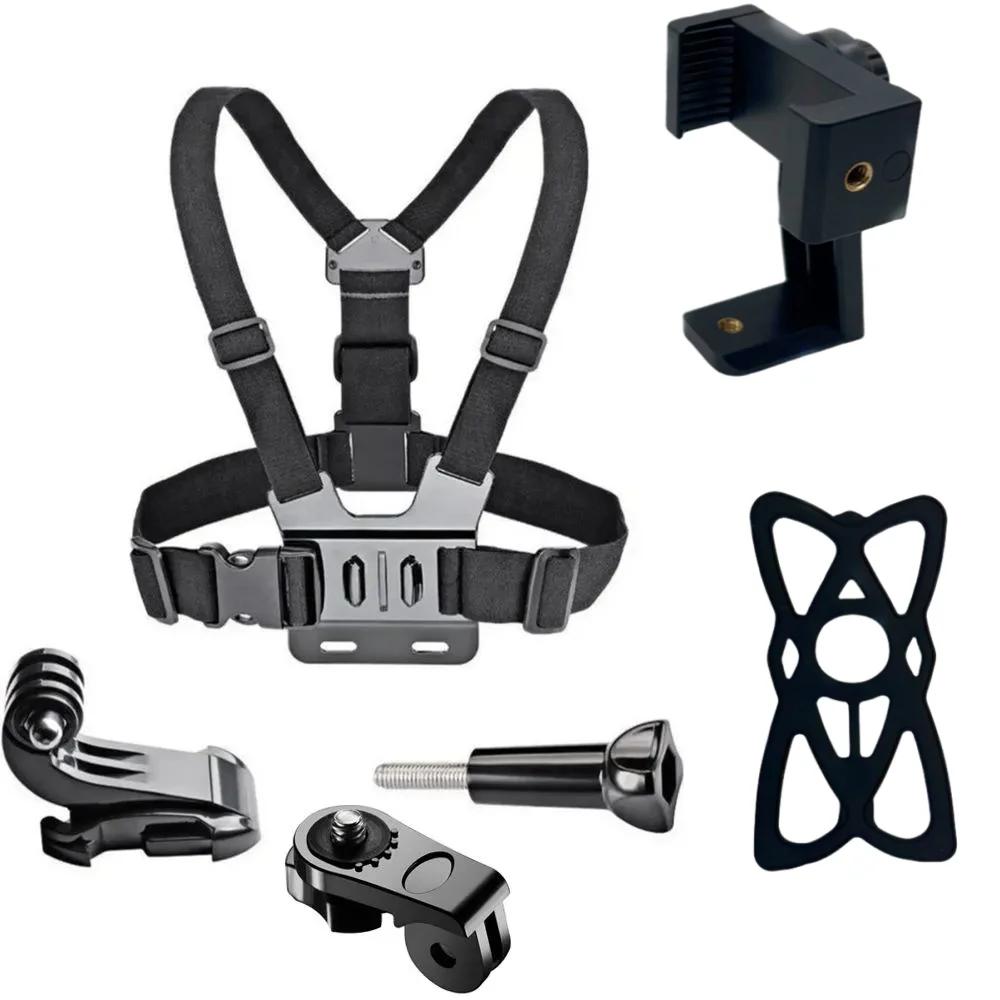 

6 In 1 Adjustable Phone Clip Holder With Chest Strap Mount Bracket For Mobile Phone & Sport Camera Black Photography Accessory